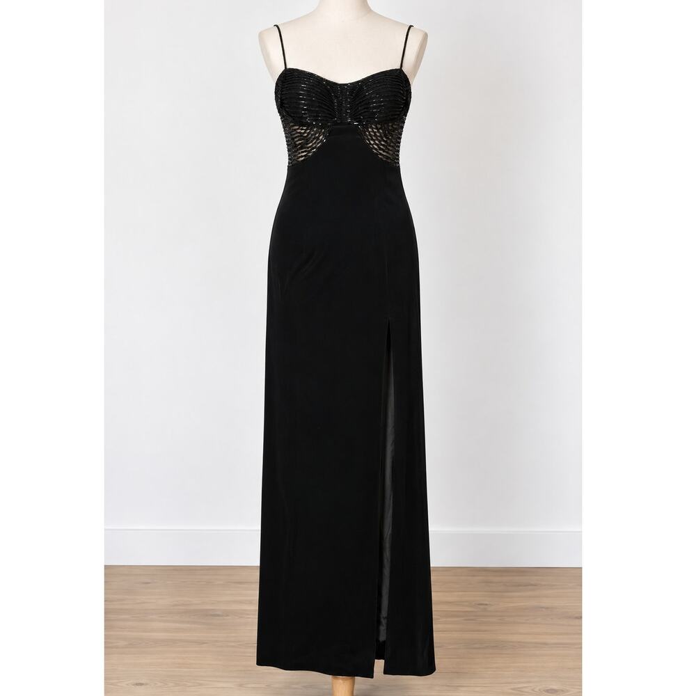 90s Cache Black Beaded Sequin Maxi Dress Size 8 Y2K Formal Evening Gown Vintage